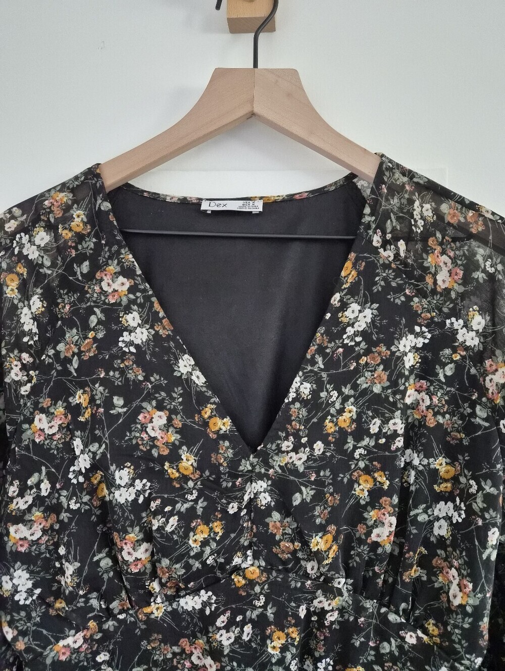 Dex Black Floral Chiffon Boho Long Sleeve Mini Dress, Medium, Cottagecore Vibes - Picture 6 of 14